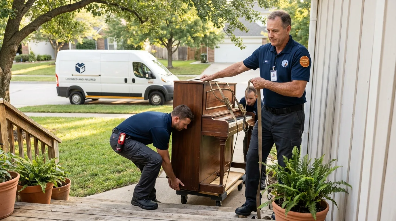 Licensed piano movers securing grand piano in Forest Park, IL
